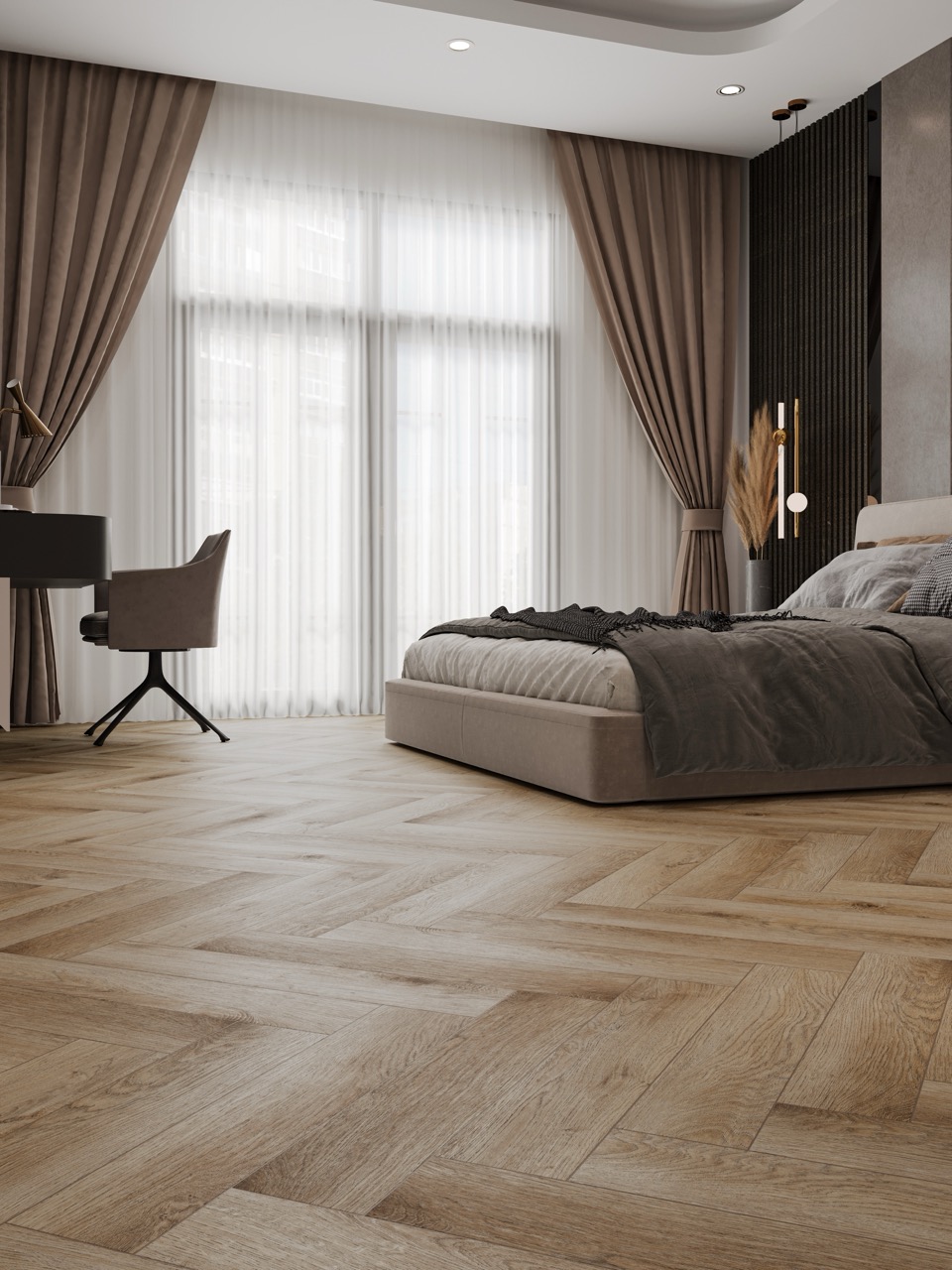 Кварцвиниловый SPC ламинат Cronafloor Herringbone Дуб Монпелье H004 венгерская елка 640×128×4,5 фото в интерьере